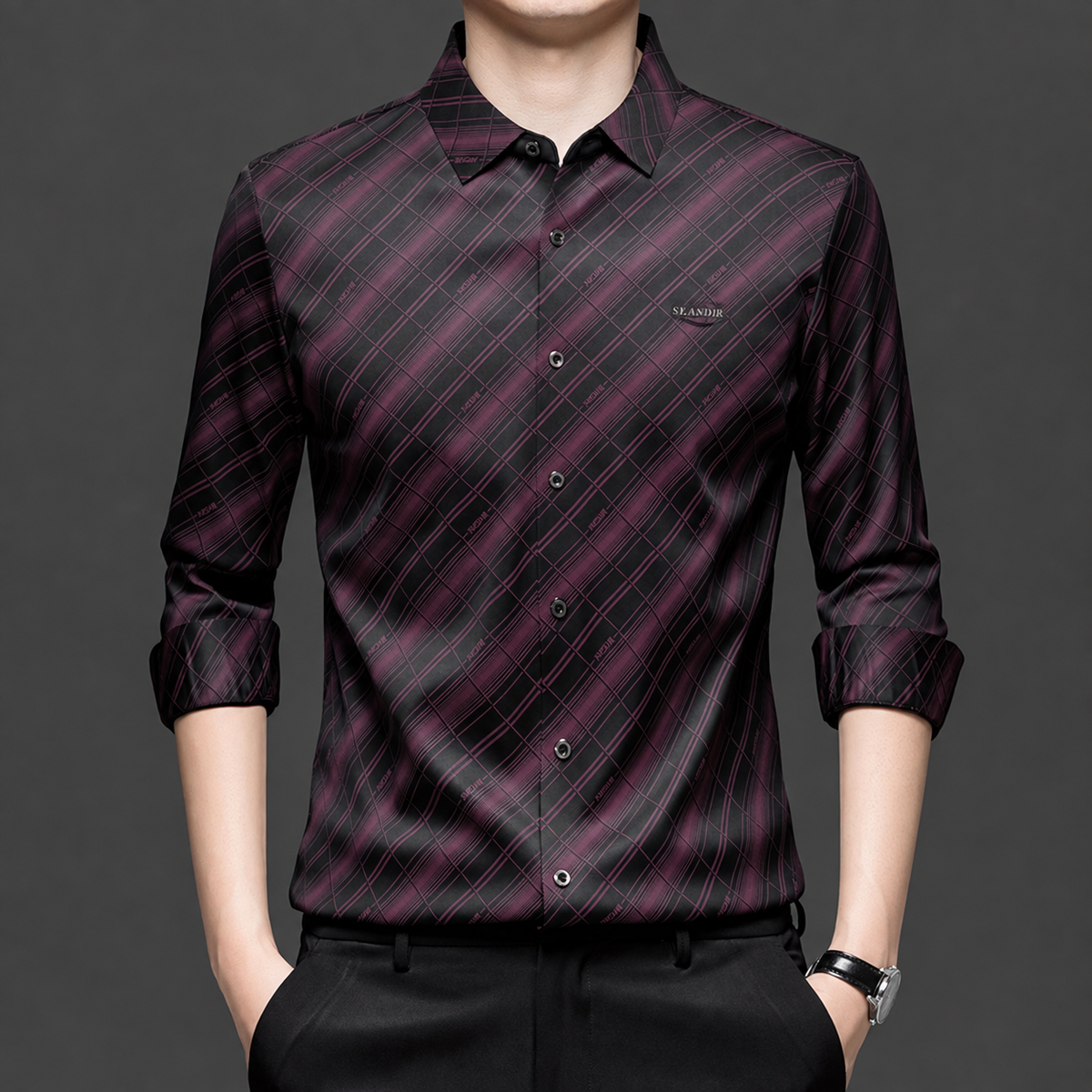 Front view of GKSEN men's black Imported Stretch shirt with wine burgundy diagonal check pattern and full sleeves