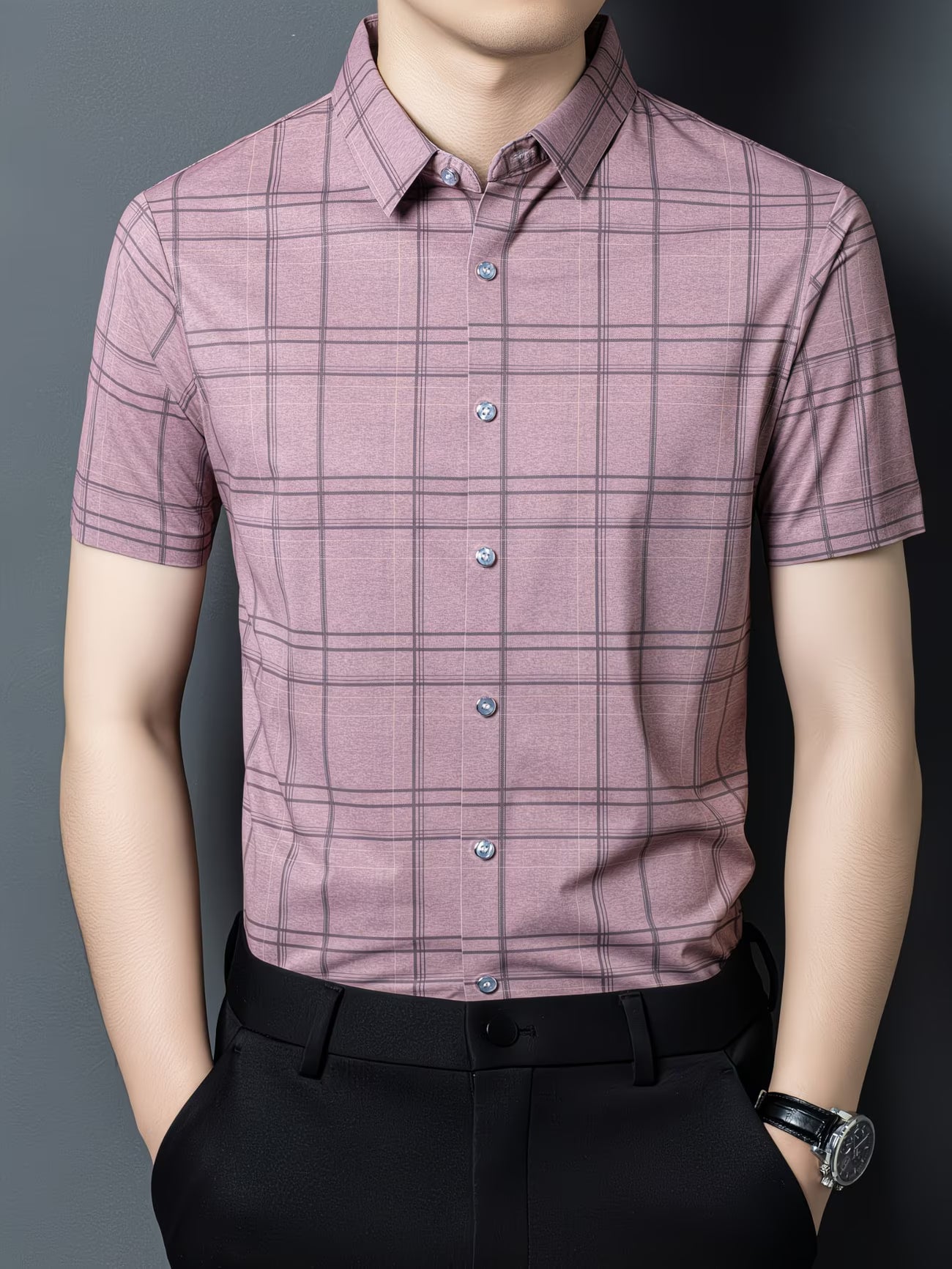 GKSEN mauve grey check men’s shirt shown in a clean front view with short sleeves, light buttons, and black trousers.