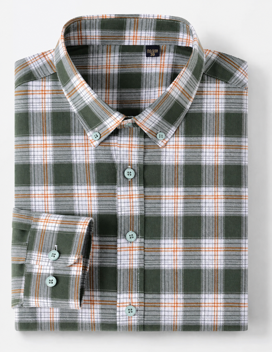 Folded GKSEN olive green check shirt showing button-down collar and checked pattern