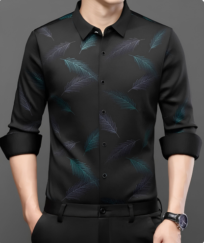 Black Teal Feather Print Imported Stretch Shirt