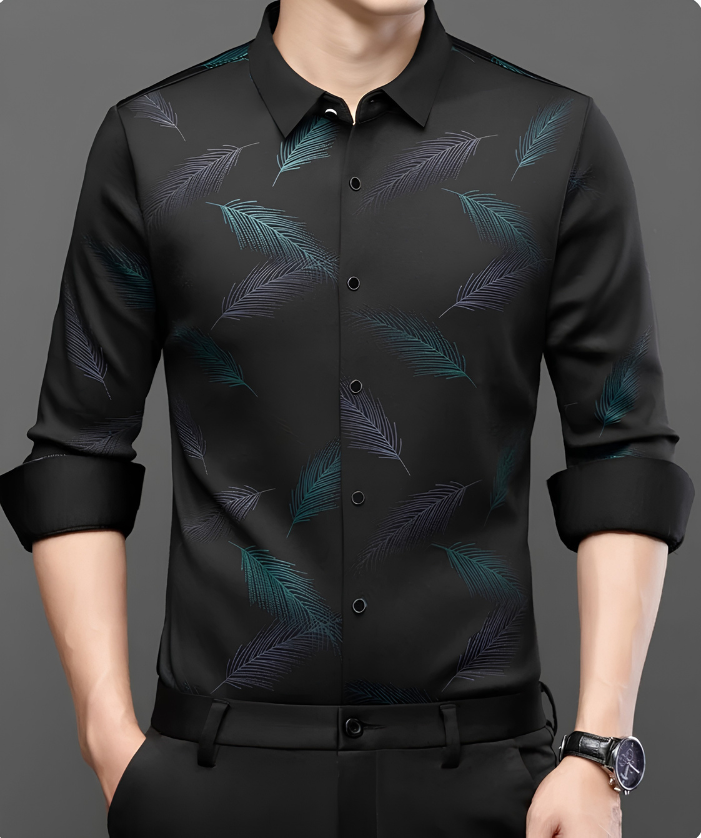 Black Teal Feather Print Imported Stretch Shirt
