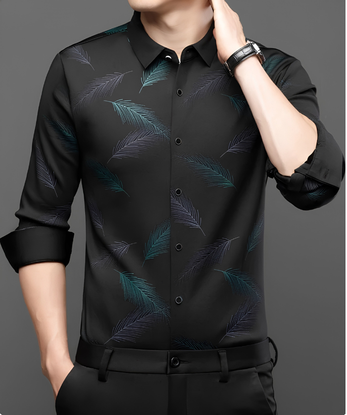 Black Teal Feather Print Imported Stretch Shirt