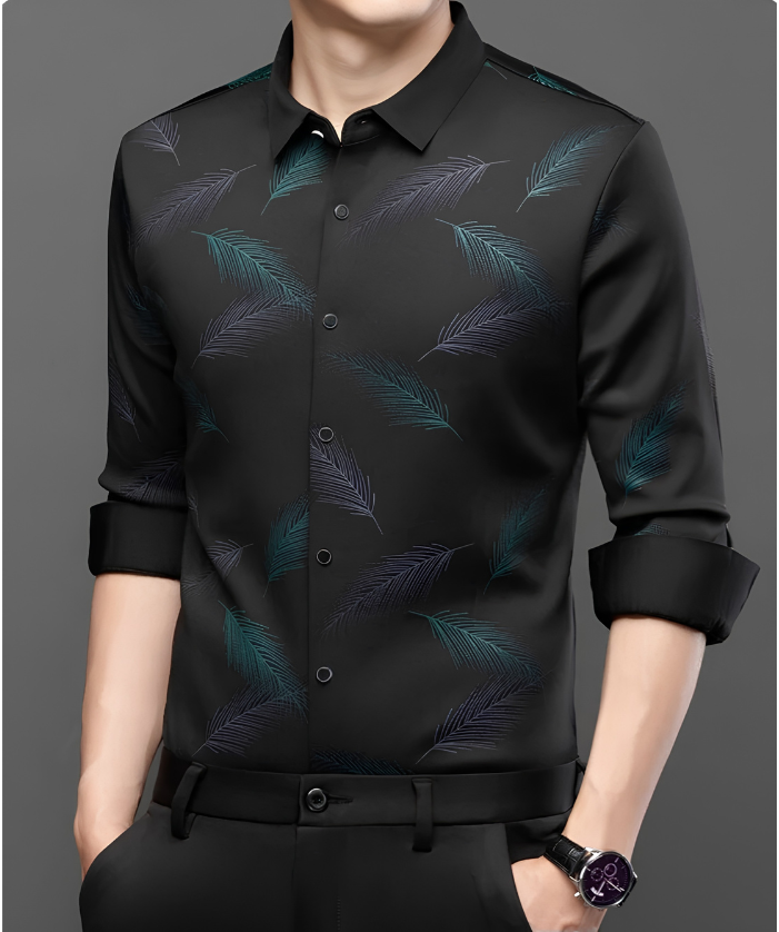Black Teal Feather Print Imported Stretch Shirt