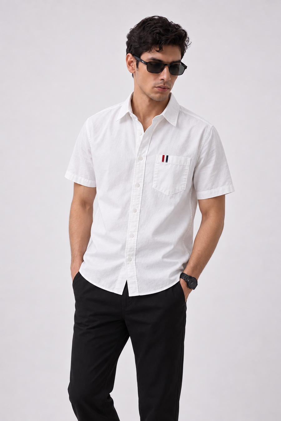 Ivory White Oxford Cotton Pocket Short Sleeve Shirt