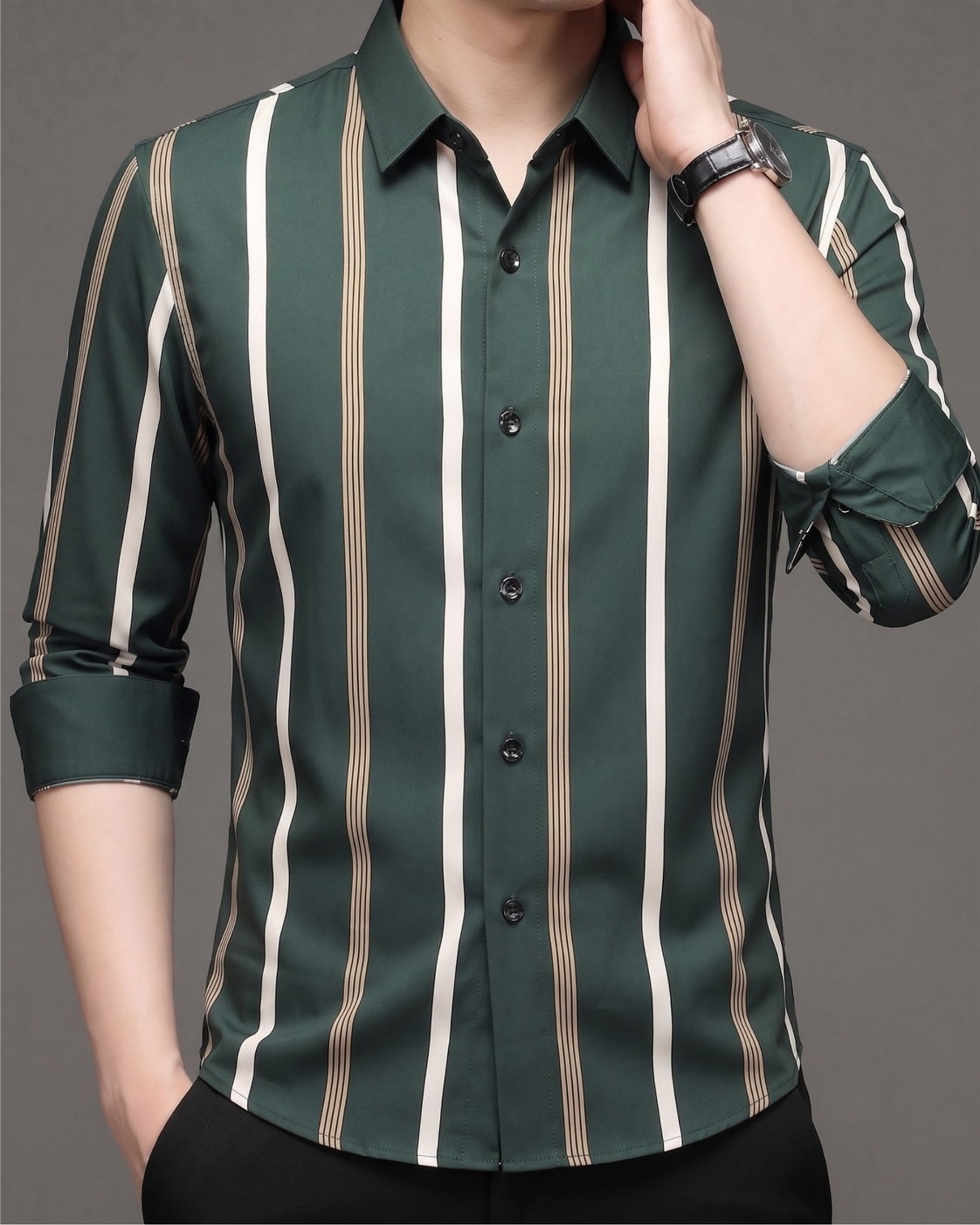 Forest Green Heritage Stripe Imported Stretch Shirt