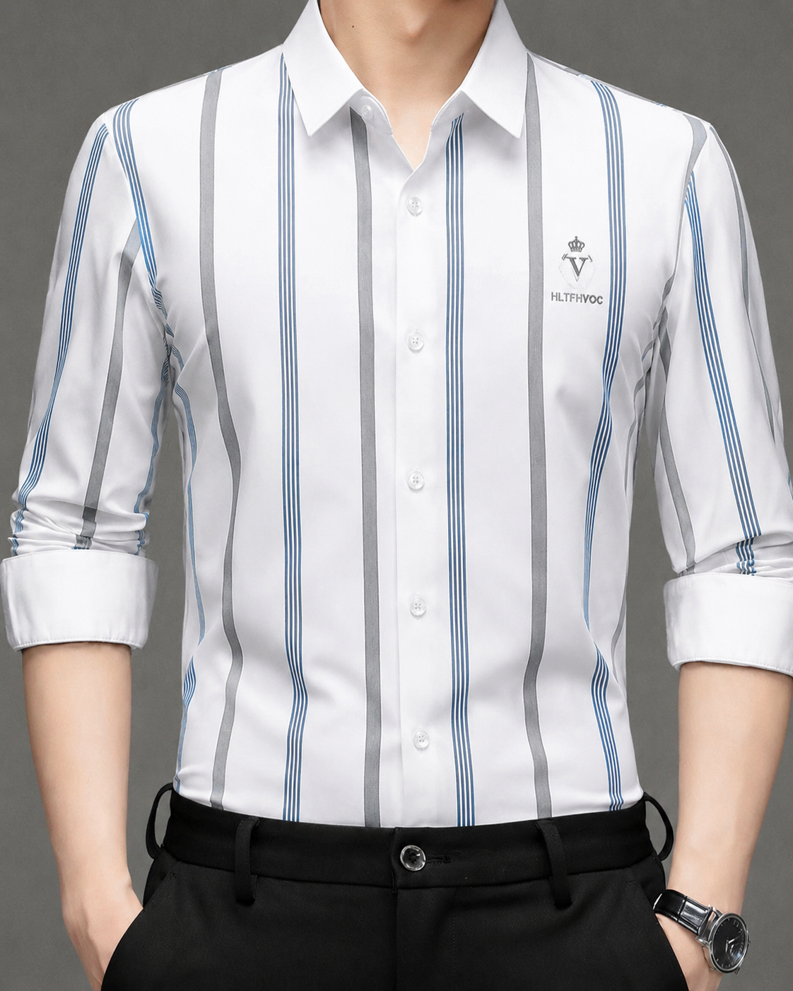 GKSEN men's white Imported Stretch shirt with steel grey and blue vertical stripes, classic collar and crest-style chest detail