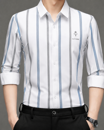 GKSEN men's white Imported Stretch shirt with steel grey and blue vertical stripes, classic collar and crest-style chest detail