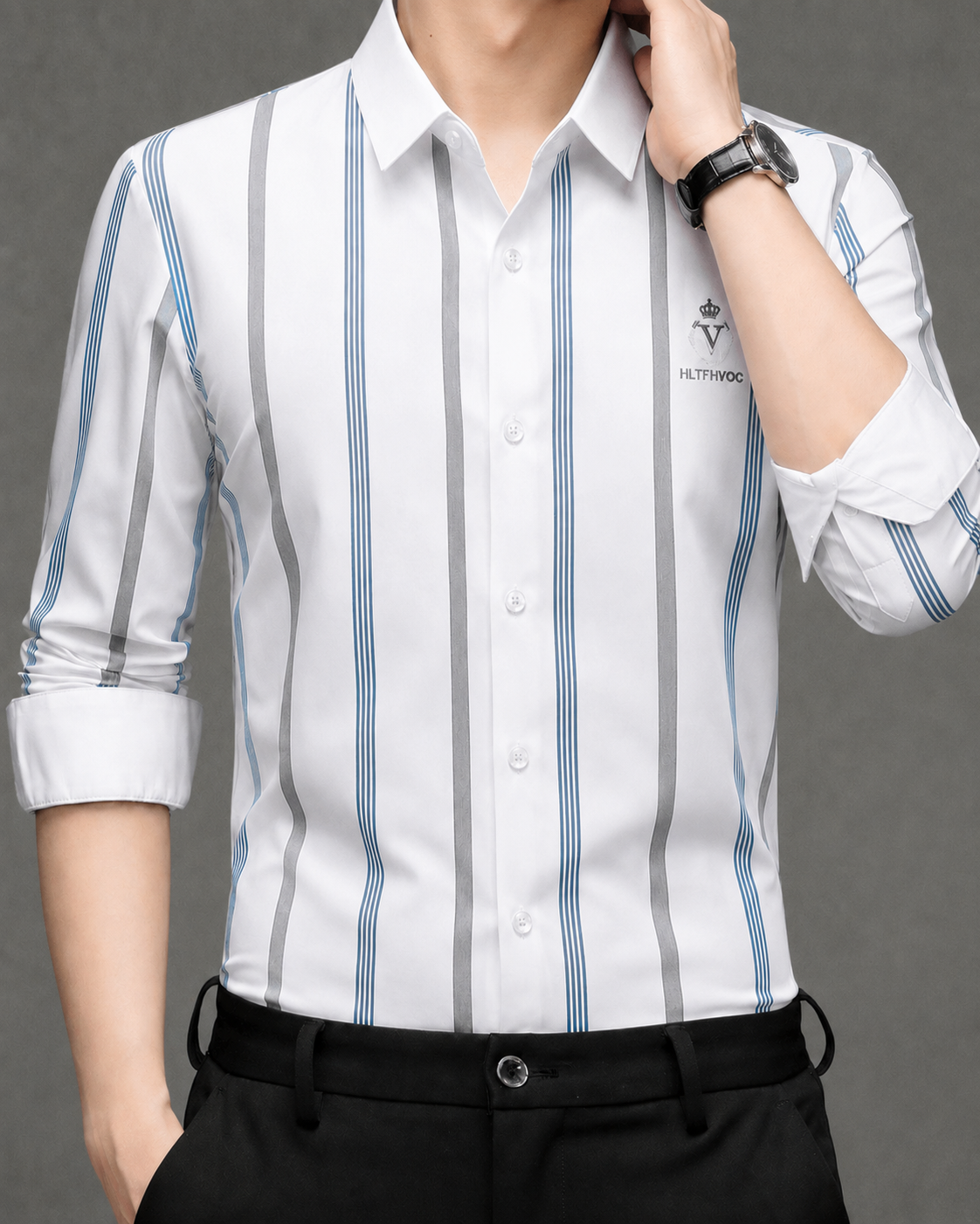 GKSEN men's arctic white full sleeve shirt with blue and grey vertical stripes styled with black trousers