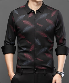 GKSEN men's black Imported Stretch shirt with burgundy wine and smoky blue-grey feather-inspired all-over print