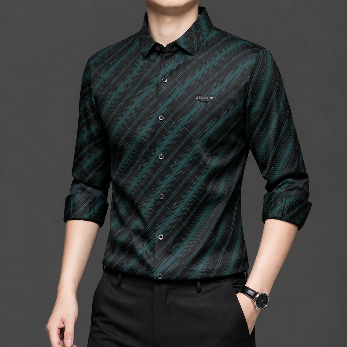 Front view of GKSEN men's black Imported Stretch shirt with deep teal diagonal check pattern and full sleeves