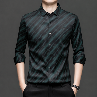 Model wearing GKSEN men's black and deep teal diagonal check Imported Stretch shirt with black trousers