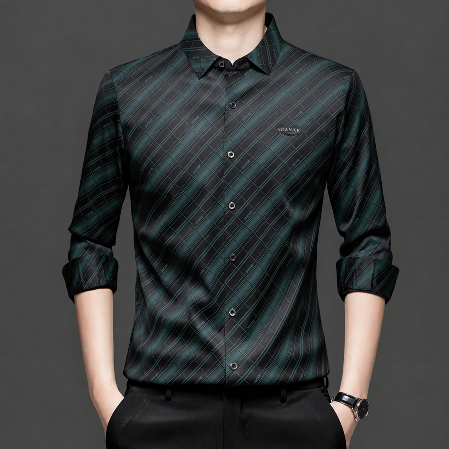 Black Teal Diagonal Check Imported Stretch Shirt