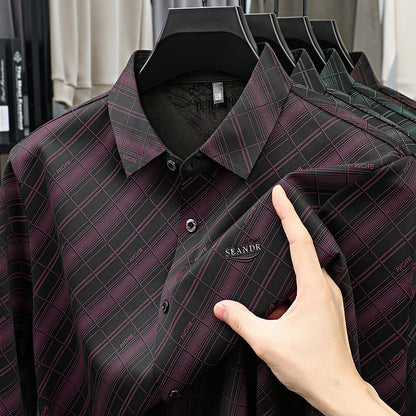 GKSEN men's black Imported Stretch shirt with wine burgundy diagonal check pattern, classic collar and chest badge detail