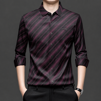 Front view of GKSEN men's black Imported Stretch shirt with wine burgundy diagonal check pattern and full sleeves