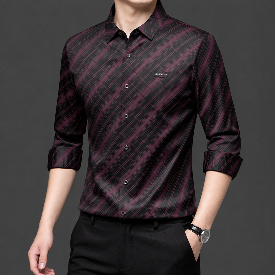 Black Wine Diagonal Check Imported Stretch Shirt