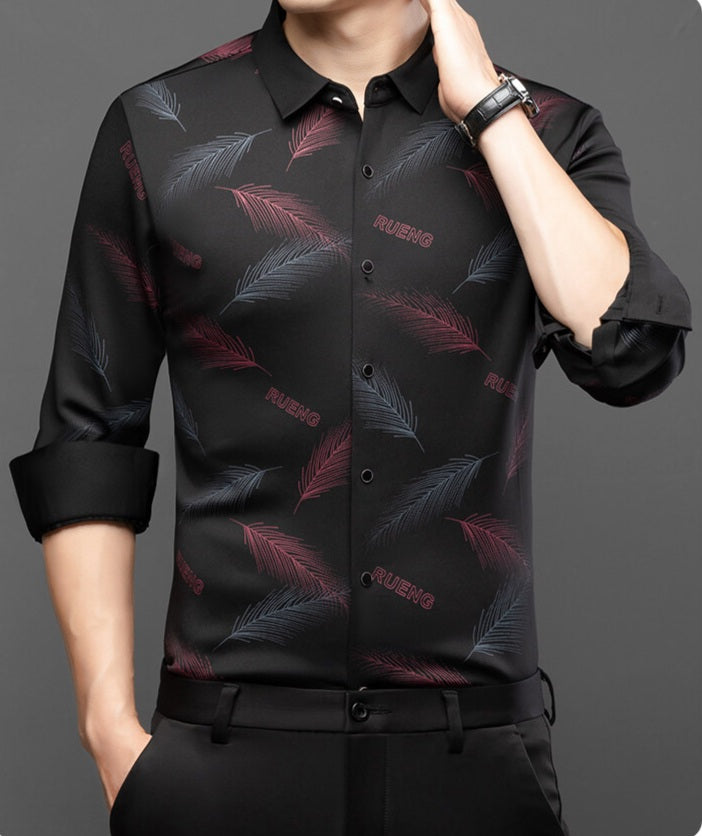 Black Burgundy Feather Print Imported Stretch Shirt