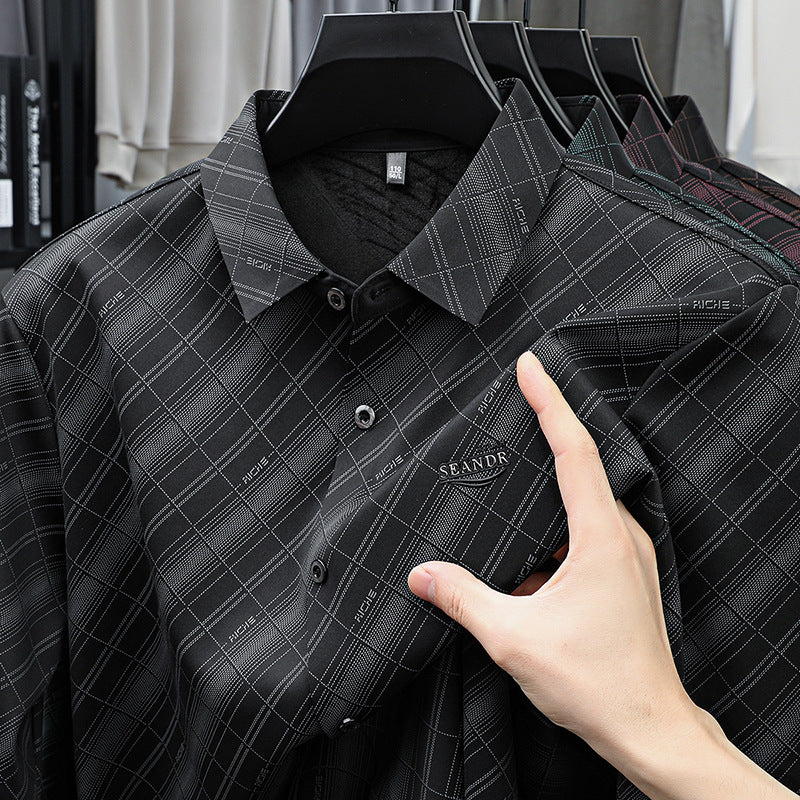 GKSEN men's charcoal black Imported Stretch shirt with silver grey diagonal check pattern, classic collar and chest badge detail