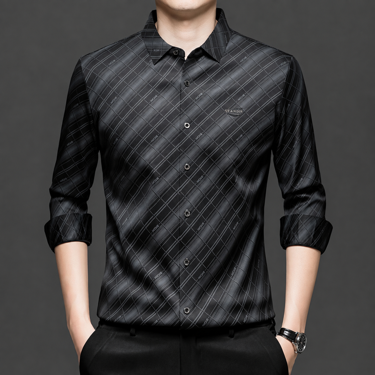 Front view of GKSEN men's charcoal black Imported Stretch shirt with silver grey diagonal check pattern and full sleeves