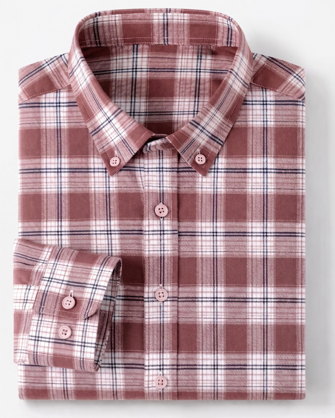 Folded GKSEN dusty mauve plaid check men’s shirt showing the full check pattern and collar detail.