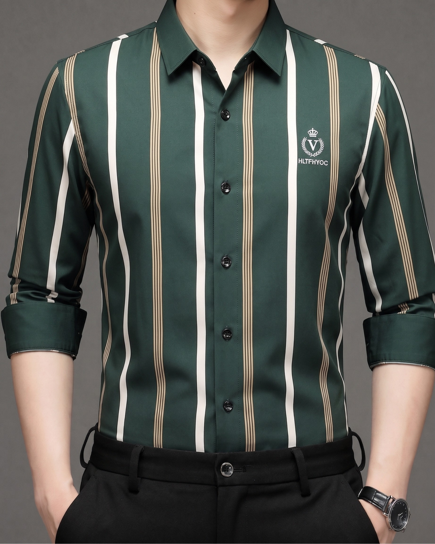 GKSEN men's forest green Imported Stretch shirt with ivory and beige vertical stripes, classic collar and chest motif