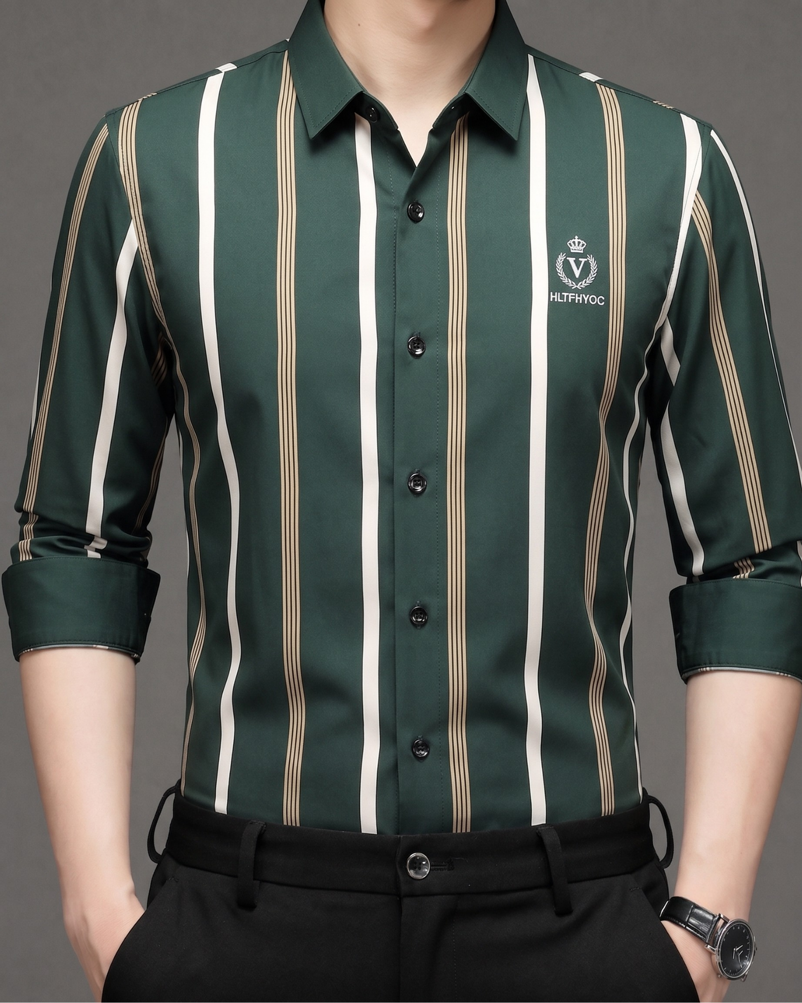 GKSEN men's forest green Imported Stretch shirt with ivory and beige vertical stripes, classic collar and chest motif