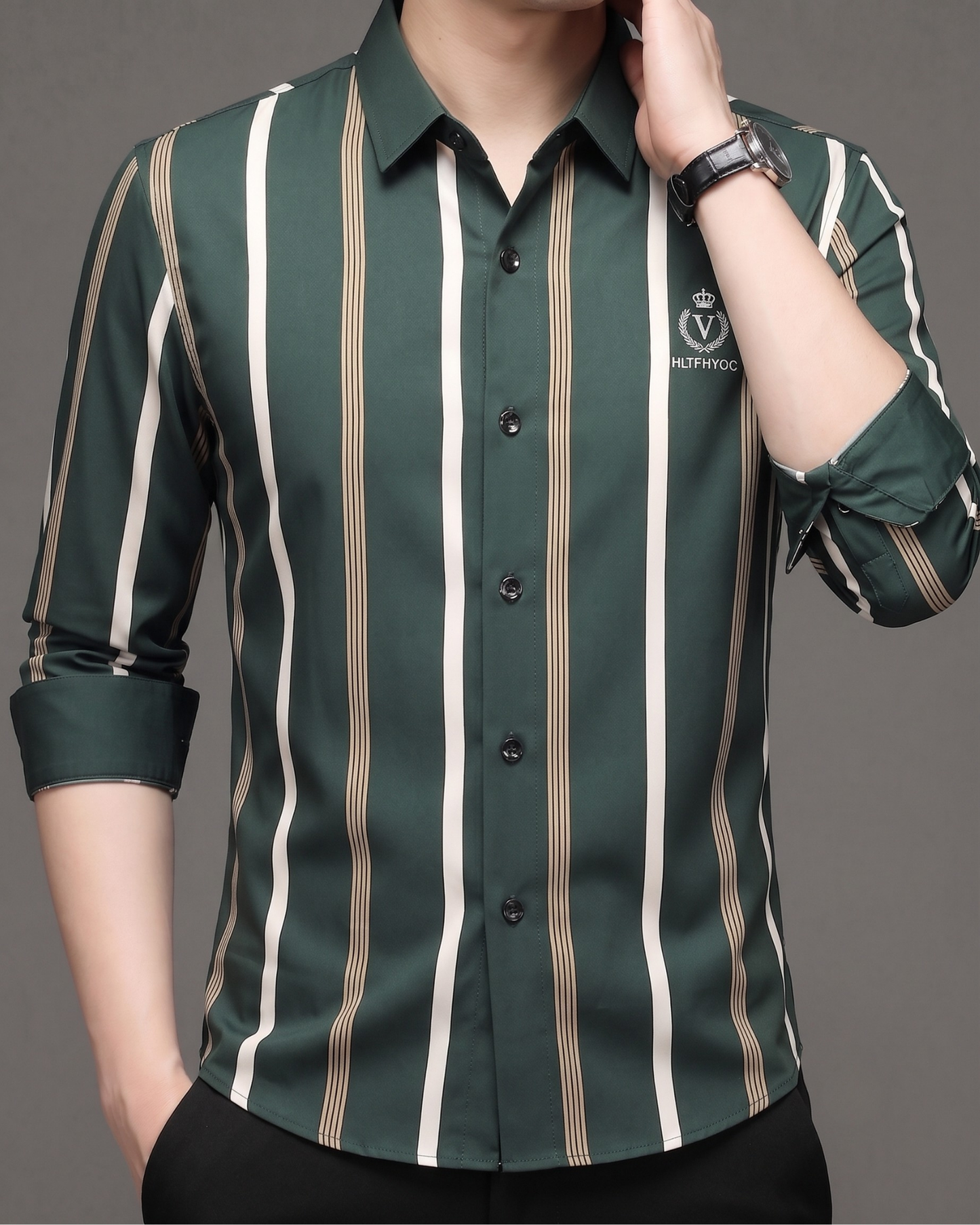 GKSEN men's forest green Imported Stretch full sleeve shirt featuring ivory and beige vertical stripes in a smart casual look