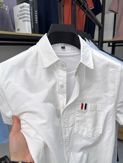 Product view of GKSEN men's ivory white Premium Imported Oxford Cotton short sleeve shirt with front pocket and button closure