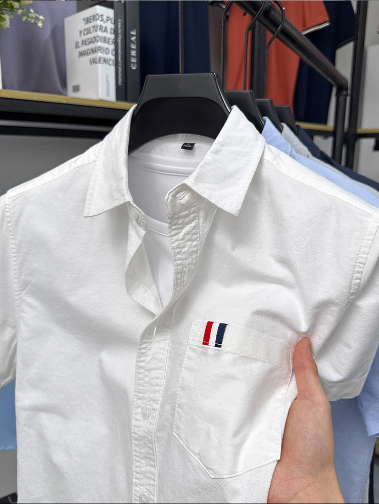 GKSEN men's ivory white Premium Imported Oxford Cotton short sleeve shirt with chest pocket and red white navy accent tab