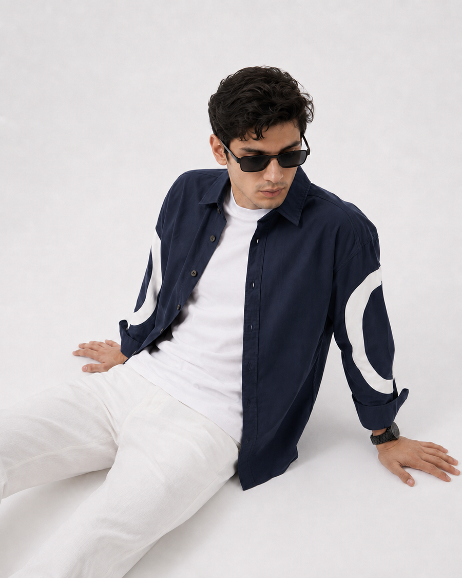 Navy Contrast Curve Cotton Shirt for Men