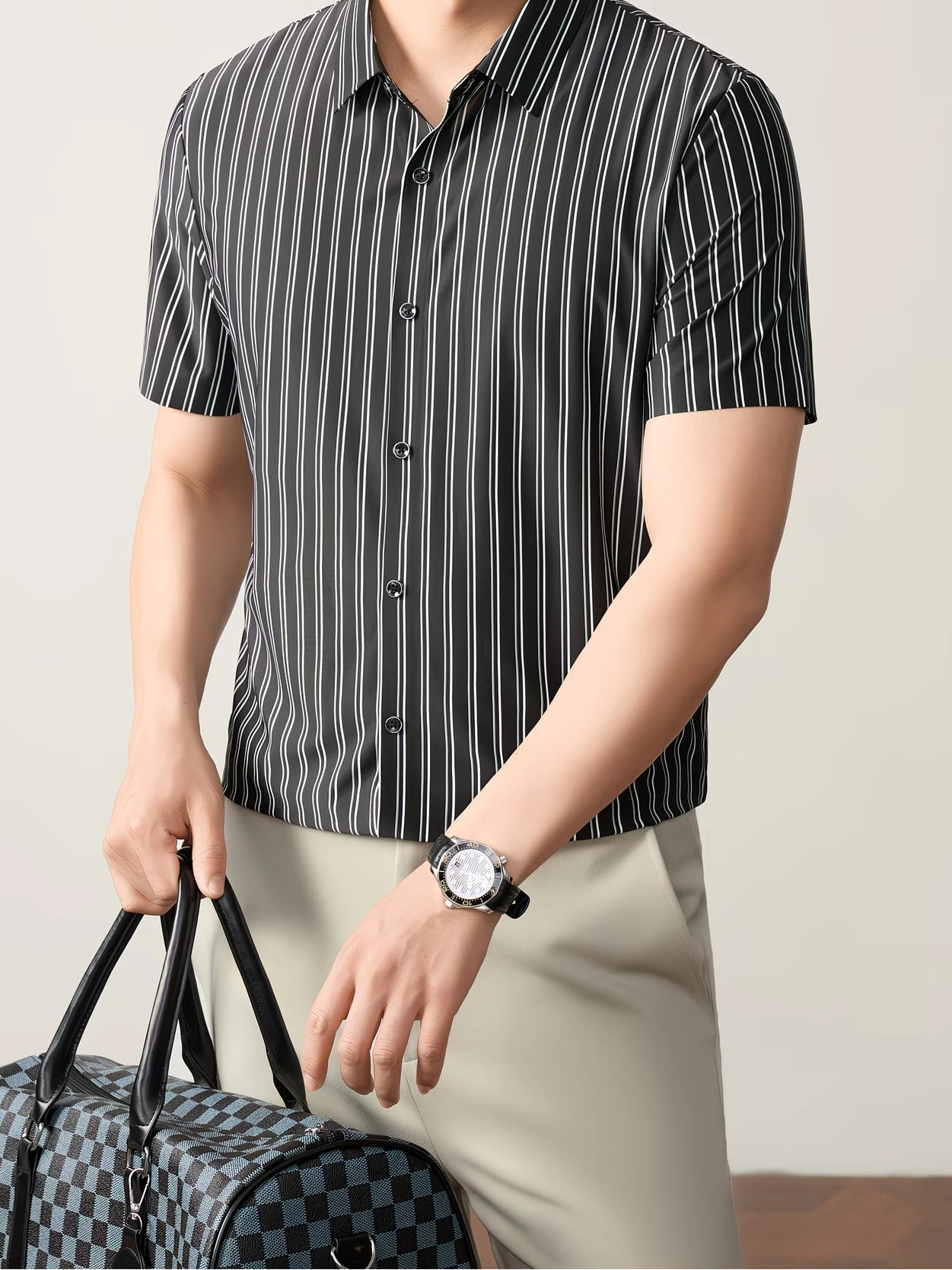 GKSEN men’s shirt in black and white vertical stripes shown in a front model pose with short sleeves, black buttons, and travel bag styling.