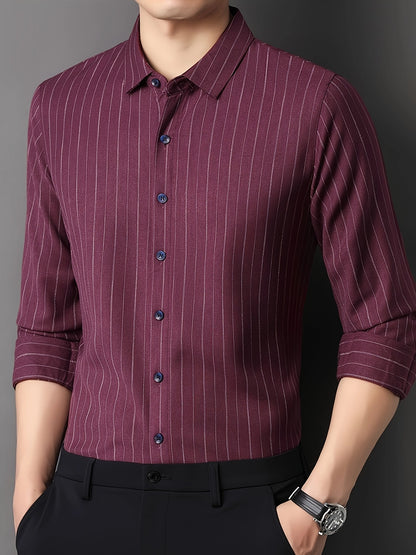 GKSEN men’s shirt in burgundy vertical stripes shown in a clean front view with black trousers for a sharp formal look.