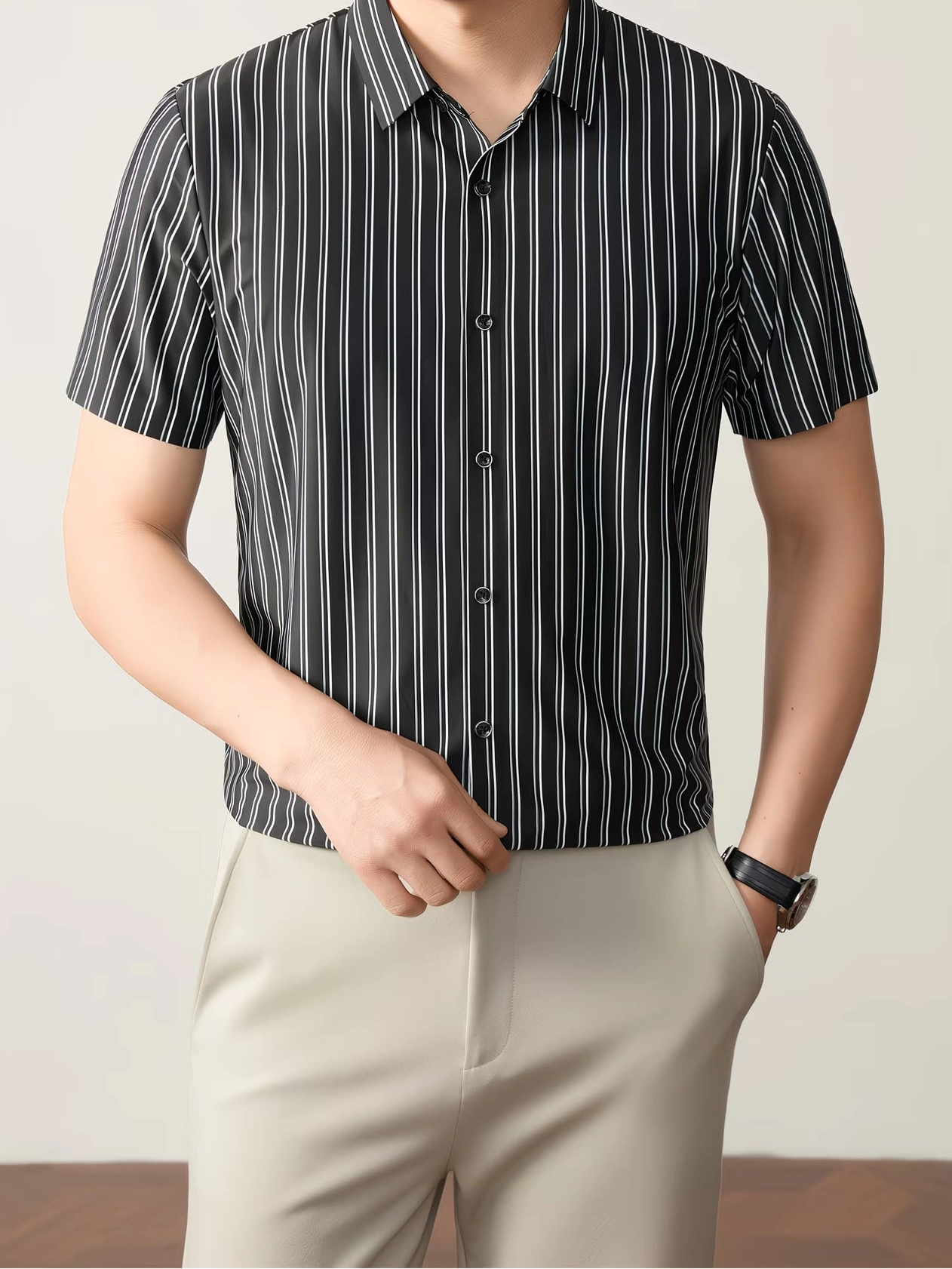 GKSEN charcoal black vertical stripe men’s shirt shown from the front with short sleeves, collar detail, and clean smart casual styling.