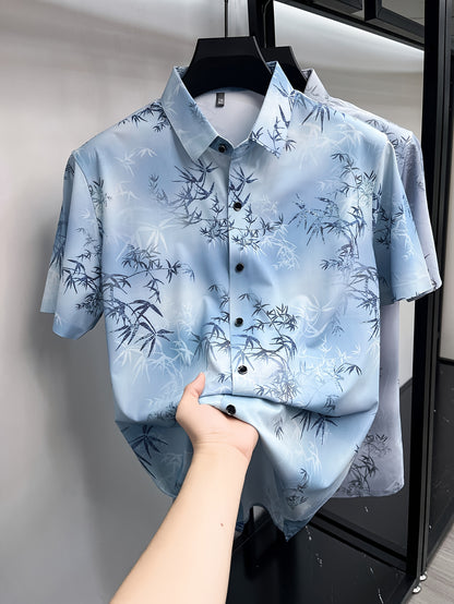 GKSEN ice blue bamboo leaf print men’s shirt shown in a front hanger view with collar, buttons, and all-over print visible.