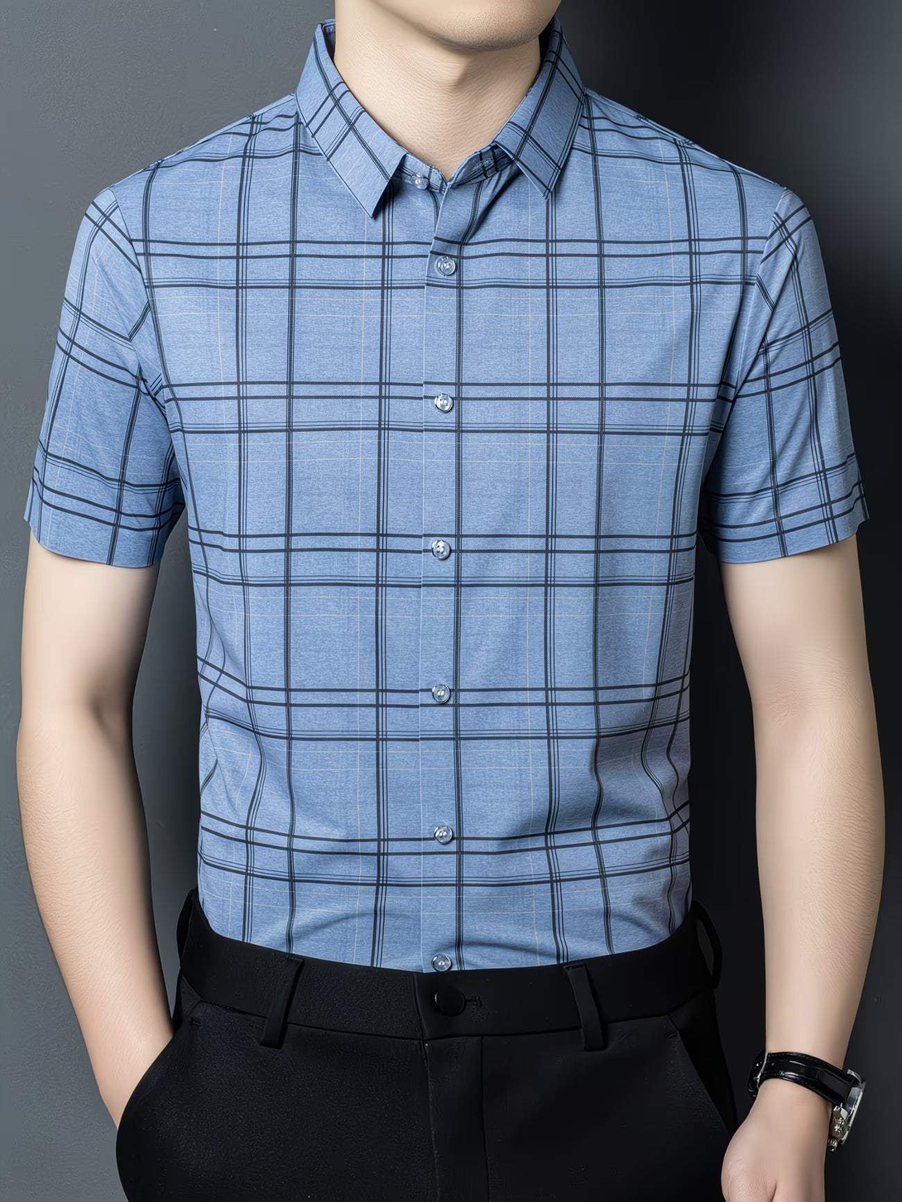 GKSEN light denim windowpane check men’s shirt shown from the front with short sleeves, collar detail, and clean smart casual styling.