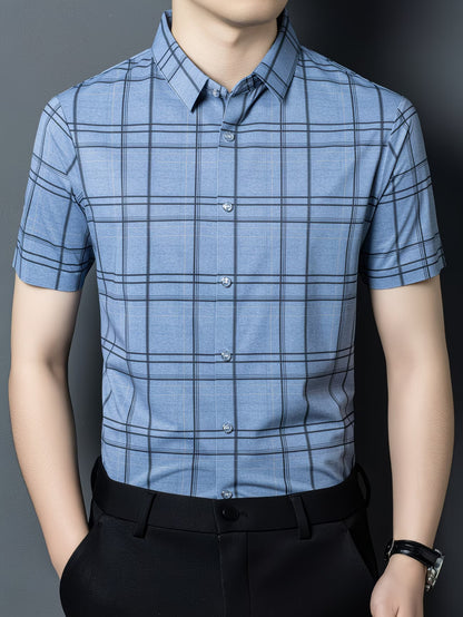 GKSEN light denim windowpane check men’s shirt shown from the front with short sleeves, collar detail, and clean smart casual styling.