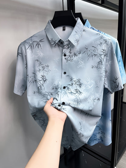GKSEN light grey bamboo leaf print men’s shirt shown in a front hanger view with short sleeves, collar, buttons, and all-over print.