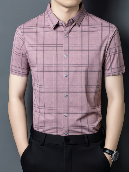 GKSEN mauve grey check men’s shirt shown in a clean front view with short sleeves, light buttons, and black trousers.