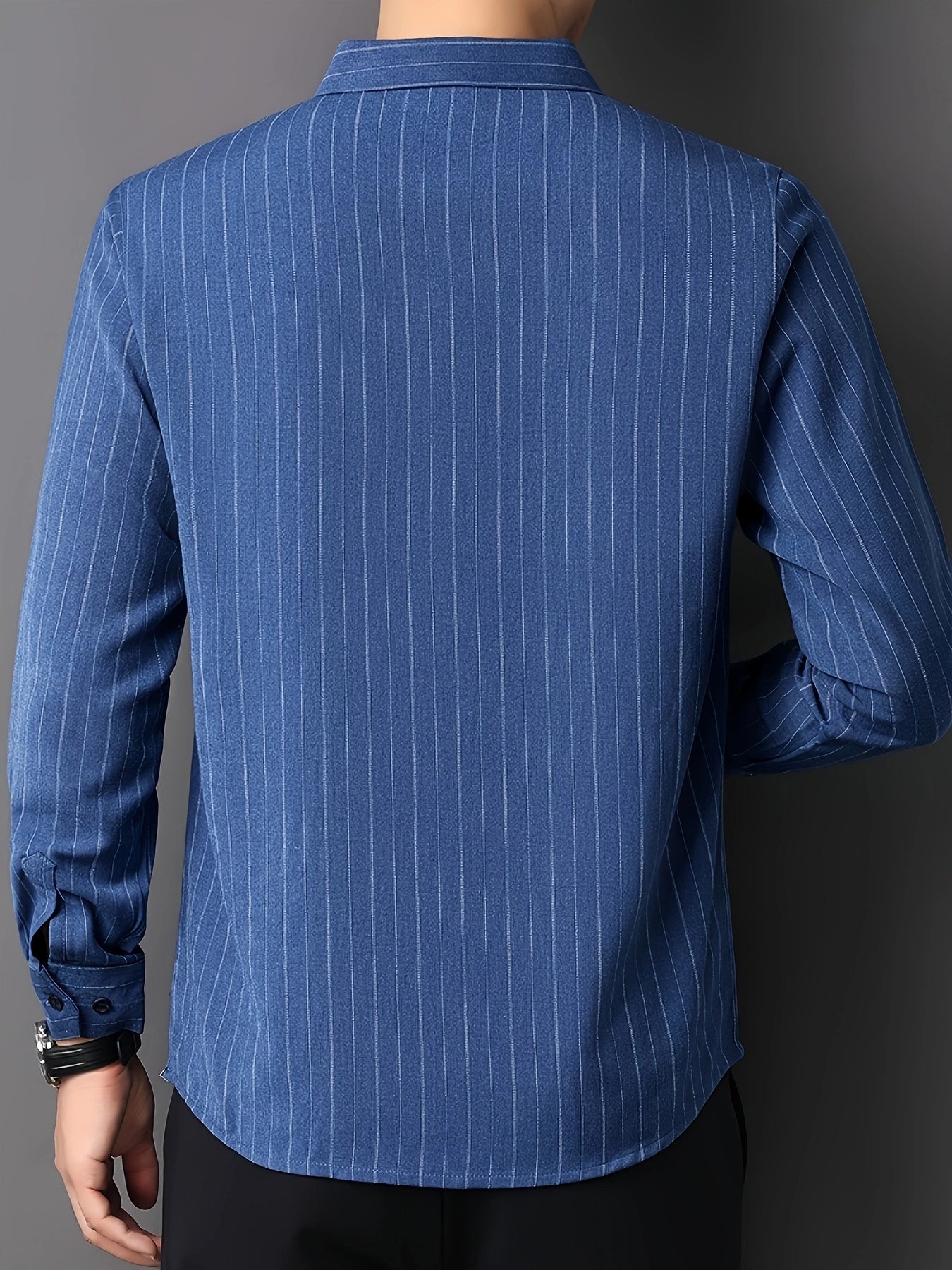 Back view of the GKSEN royal blue vertical stripe men’s shirt showing the full shirt back, sleeves, and stripe pattern.