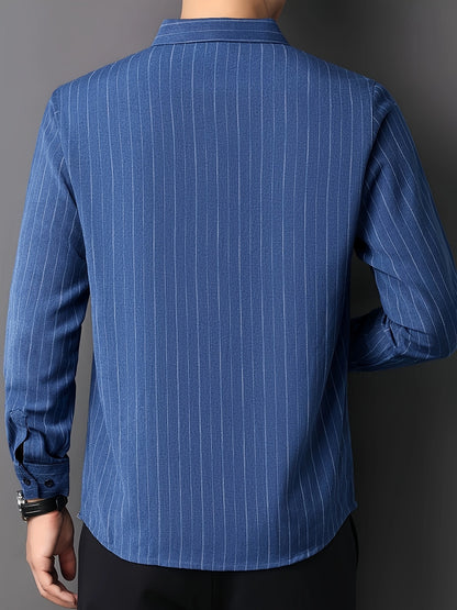 Back view of the GKSEN royal blue vertical stripe men’s shirt showing the full shirt back, sleeves, and stripe pattern.