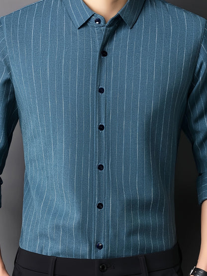 Close-up front view of the GKSEN teal blue pinstripe men’s shirt showing the collar, buttons, and vertical stripe texture.