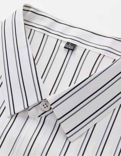 Close-up collar view of the GKSEN white black pinstripe men’s shirt showing the collar, button, inner neckline, and stripe alignment.
