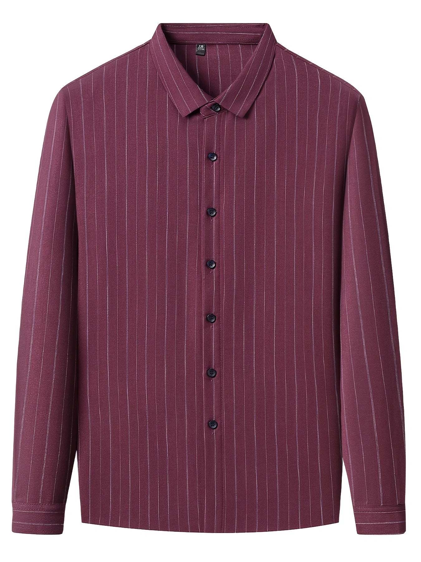 Front hanger view of the GKSEN wine burgundy pinstripe men’s shirt showing the full sleeves, collar, buttons, and vertical stripe pattern.