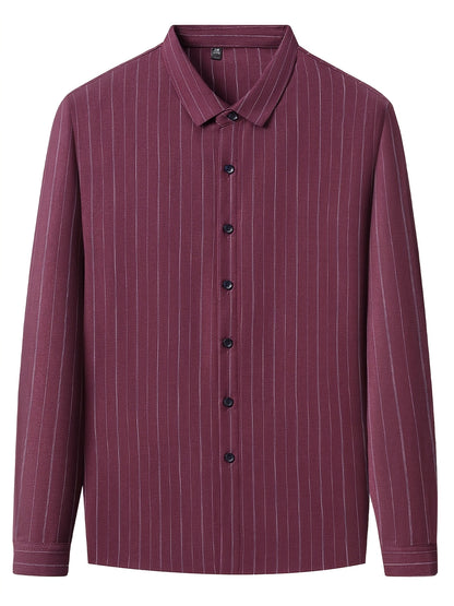 Front hanger view of the GKSEN wine burgundy pinstripe men’s shirt showing the full sleeves, collar, buttons, and vertical stripe pattern.