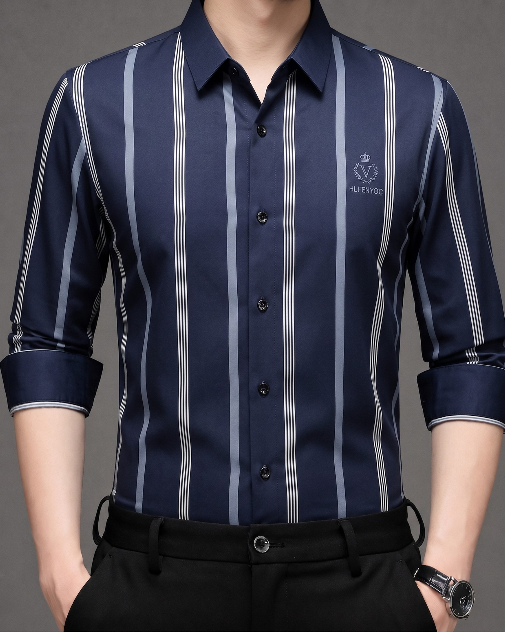 GKSEN men's deep navy Imported Stretch shirt with silver grey and off-white vertical stripes, classic collar and chest motif