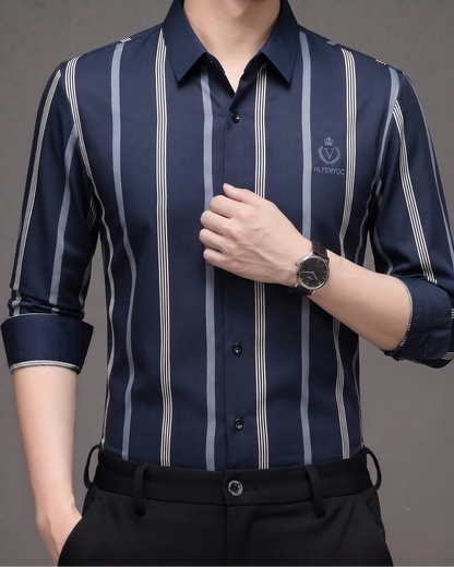 GKSEN men's midnight navy full sleeve shirt with silver grey and off-white vertical stripes styled with black trousers