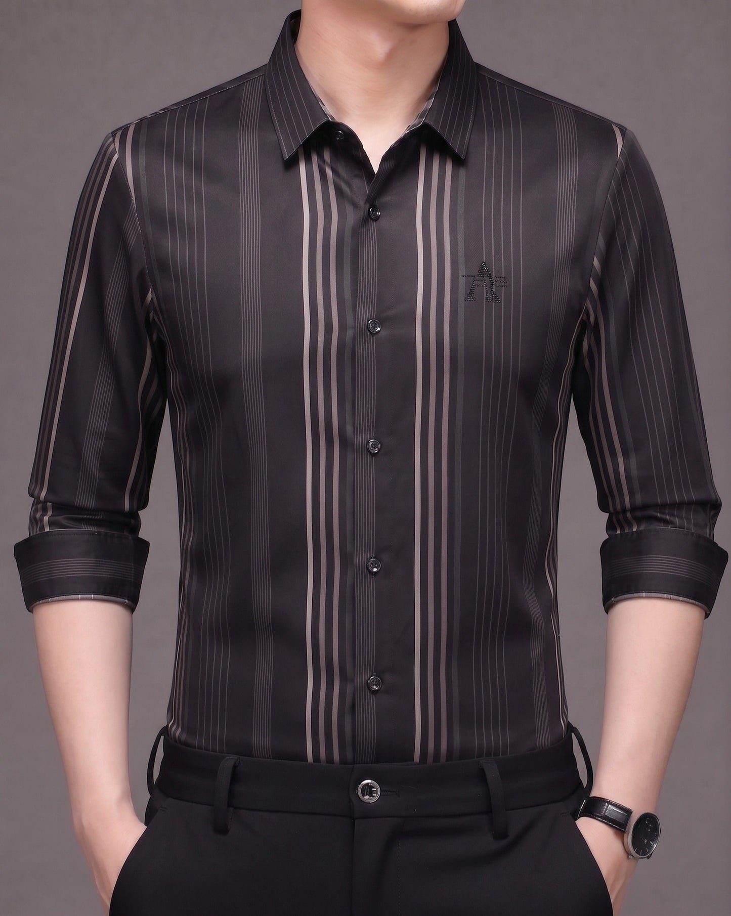Front view of GKSEN men's midnight black shirt with smoky taupe vertical stripes, full sleeves and classic point collar