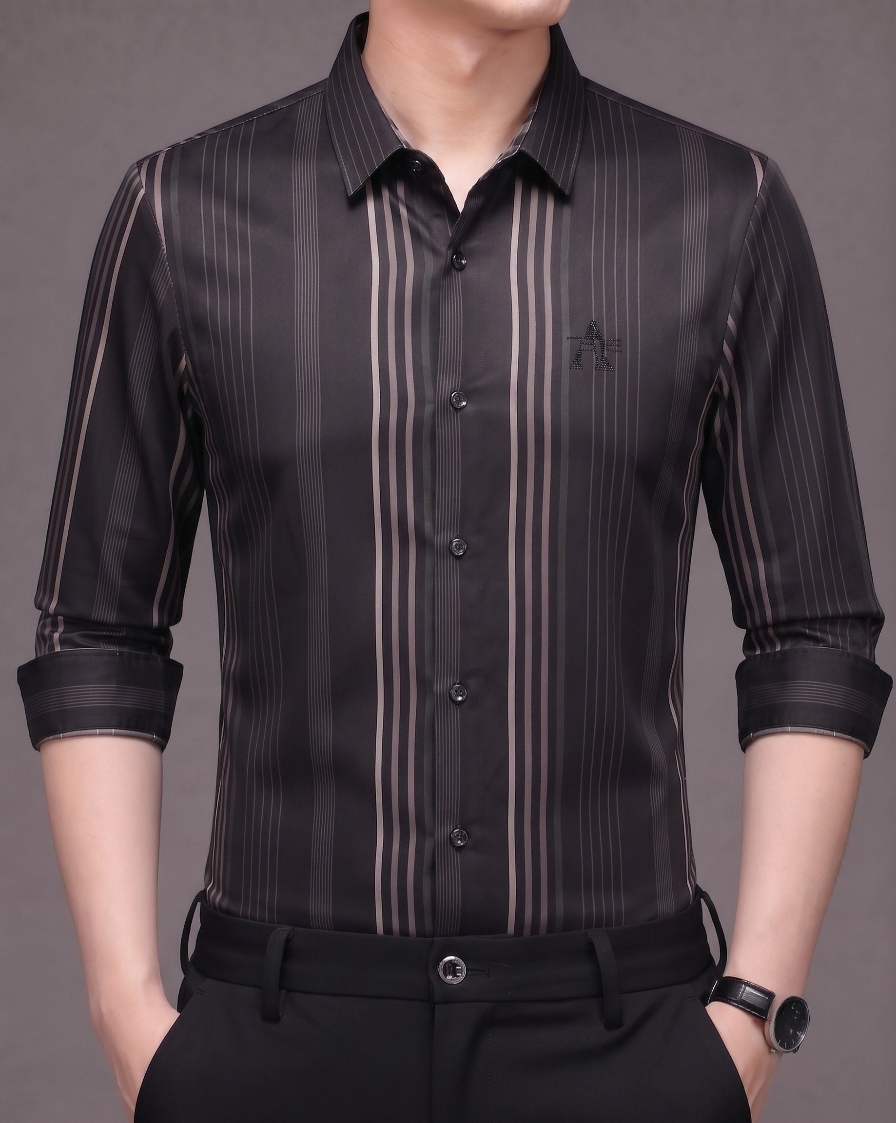 Front view of GKSEN men's midnight black shirt with smoky taupe vertical stripes, full sleeves and classic point collar