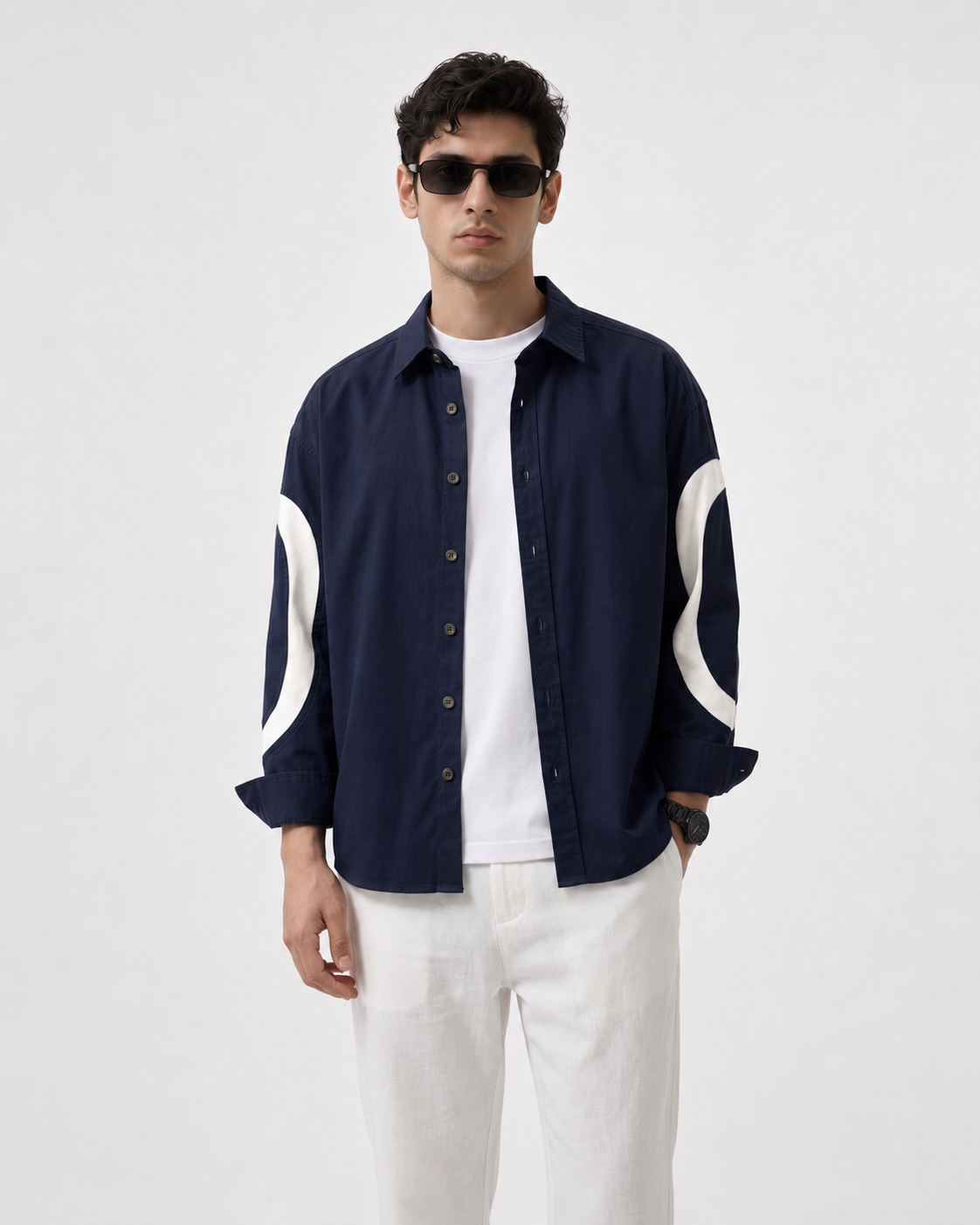 Men's GKSEN navy cotton casual shirt with off-white curved sleeve panels styled open with white clothing