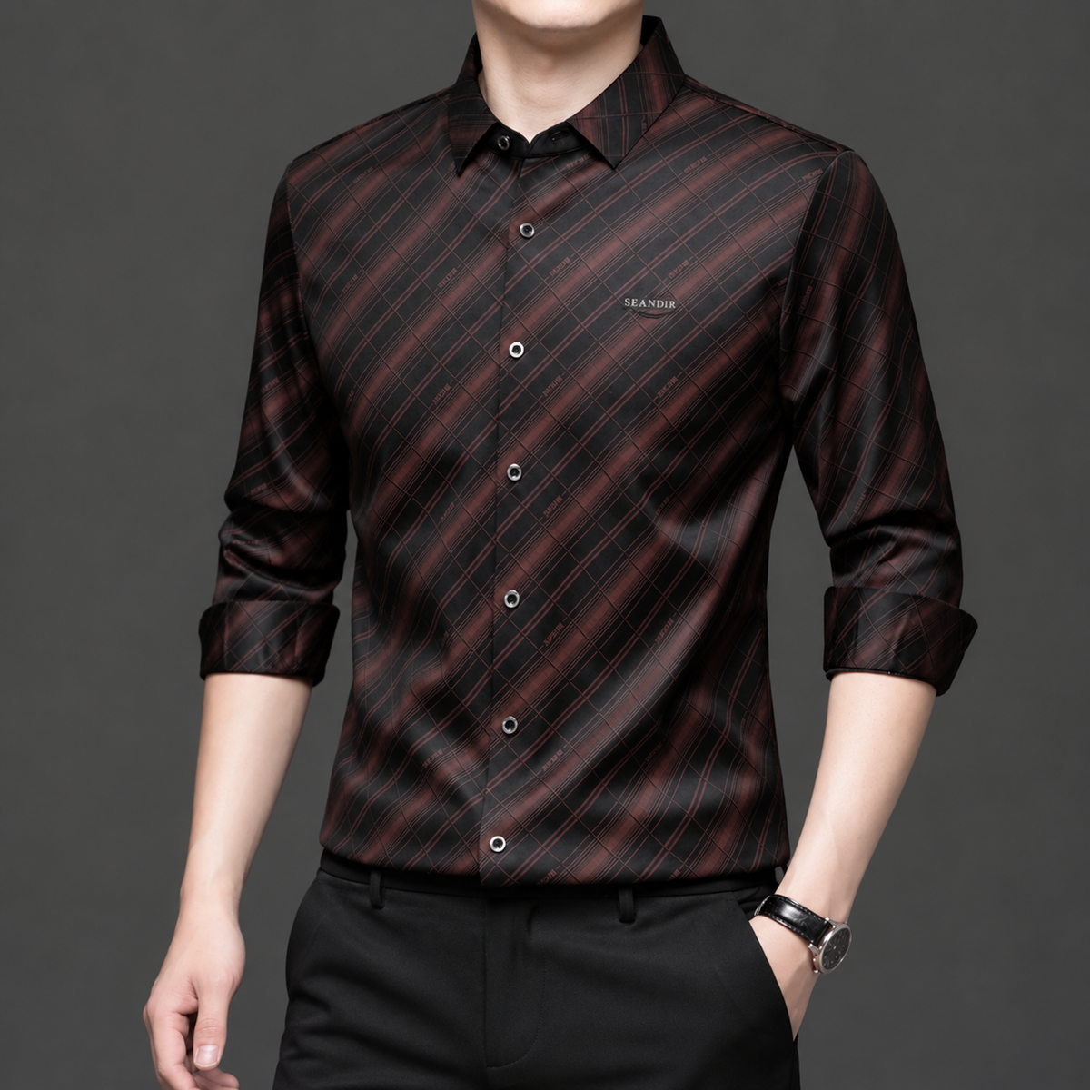 Front view of GKSEN men's obsidian black Imported Stretch shirt with rust copper diagonal check pattern and full sleeves