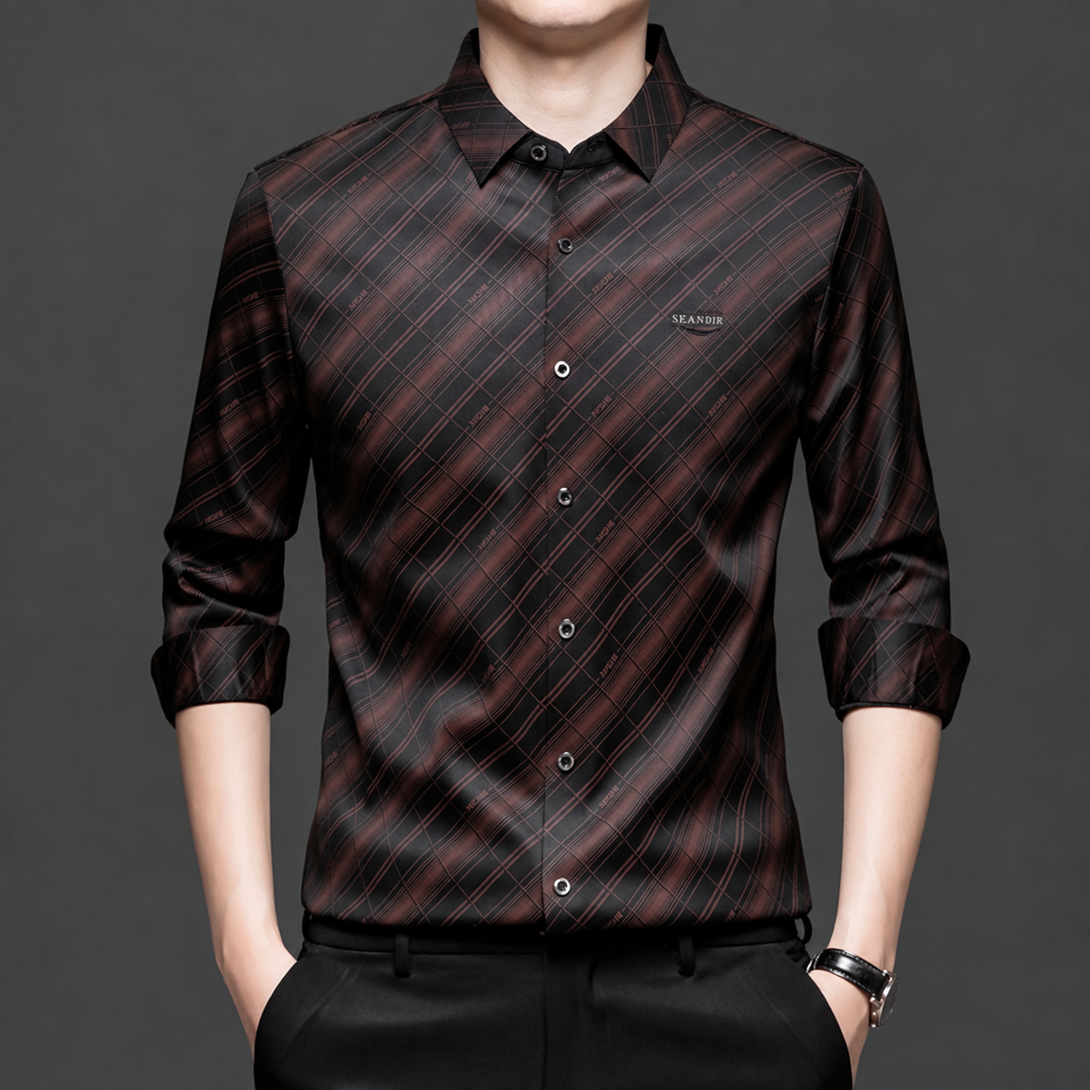 Model wearing GKSEN men's black and rust copper diagonal check Imported Stretch full sleeve shirt with black trousers